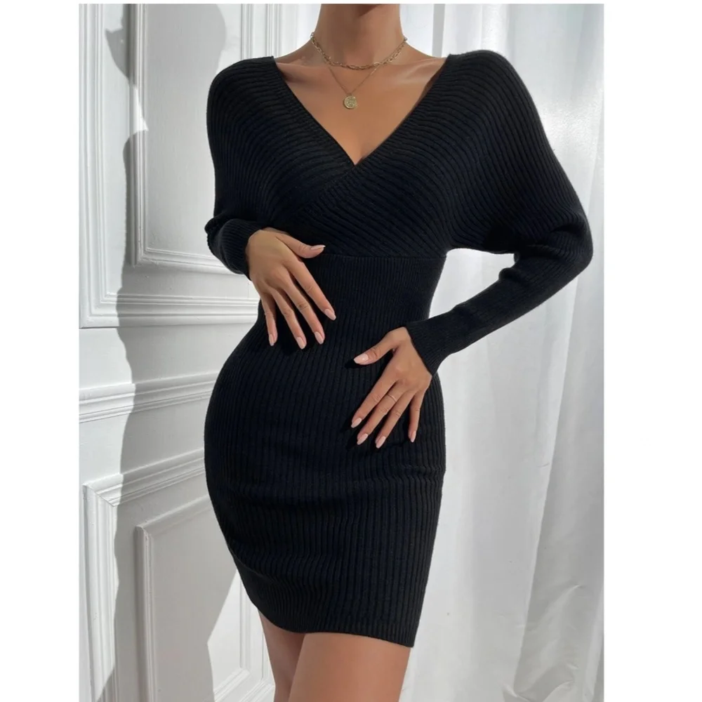 Black Off Shoulder V-Neck Rib Knit Sweater Mini Short Dress Long Sleeve - Picture 7 of 9